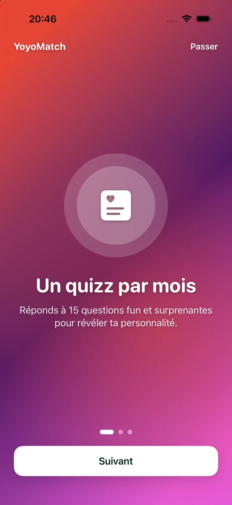 Onboarding YoyoMatch : un quiz par mois, 15 questions pour révéler ta personnalité